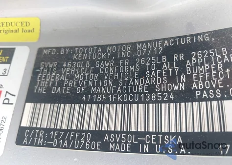 2012 Toyota Camry Se из США, поврежденный, VIN 4T1BF1FK0CU138524